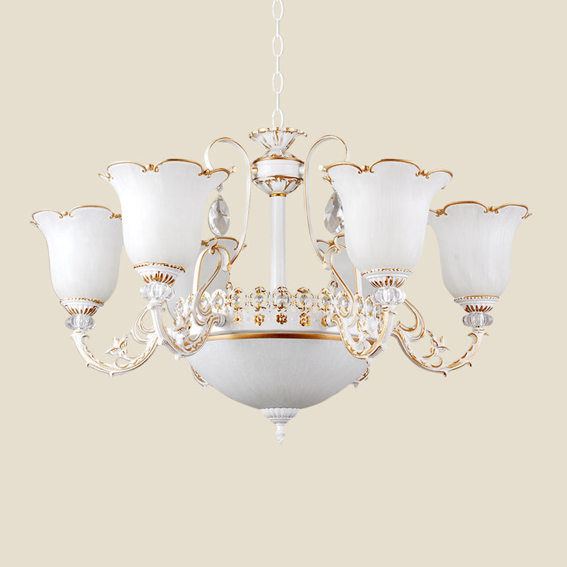 Floral Dining Room Up/Down Hanging Light Traditional Opal Glass 3/5/11-Bulb White Chandelier Lamp Clearhalo 'Ceiling Lights' 'Chandeliers' Lighting' options 1971126