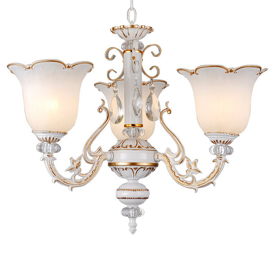 Floral Dining Room Up/Down Hanging Light Traditional Opal Glass 3/5/11-Bulb White Chandelier Lamp 3 White Up