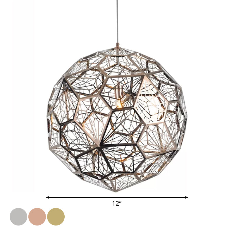 1 Bulb Stainless Steel Pendulum Light Industrial Silver/Gold/Bronze Hollowed out Sphere Drop Pendant, 10"/12" W Clearhalo 'Art Deco Pendants' 'Cast Iron' 'Ceiling Lights' 'Ceramic' 'Crystal' 'Industrial Pendants' 'Industrial' 'Metal' 'Middle Century Pendants' 'Pendant Lights' 'Pendants' 'Tiffany' Lighting' 1971155
