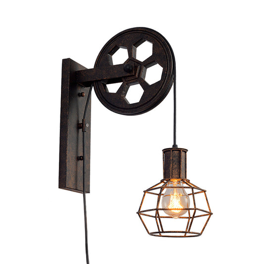 Antique Black Single Pulley Wall Light Industrial Iron Wire Cage Wall Mounted Lighting for Restaurant Clearhalo 'Art deco wall lights' 'Cast Iron' 'Glass' 'Industrial wall lights' 'Industrial' 'Middle century wall lights' 'Modern' 'Rustic wall lights' 'Tiffany' 'Traditional wall lights' 'Wall Lamps & Sconces' 'Wall Lights' Lighting' 1971183