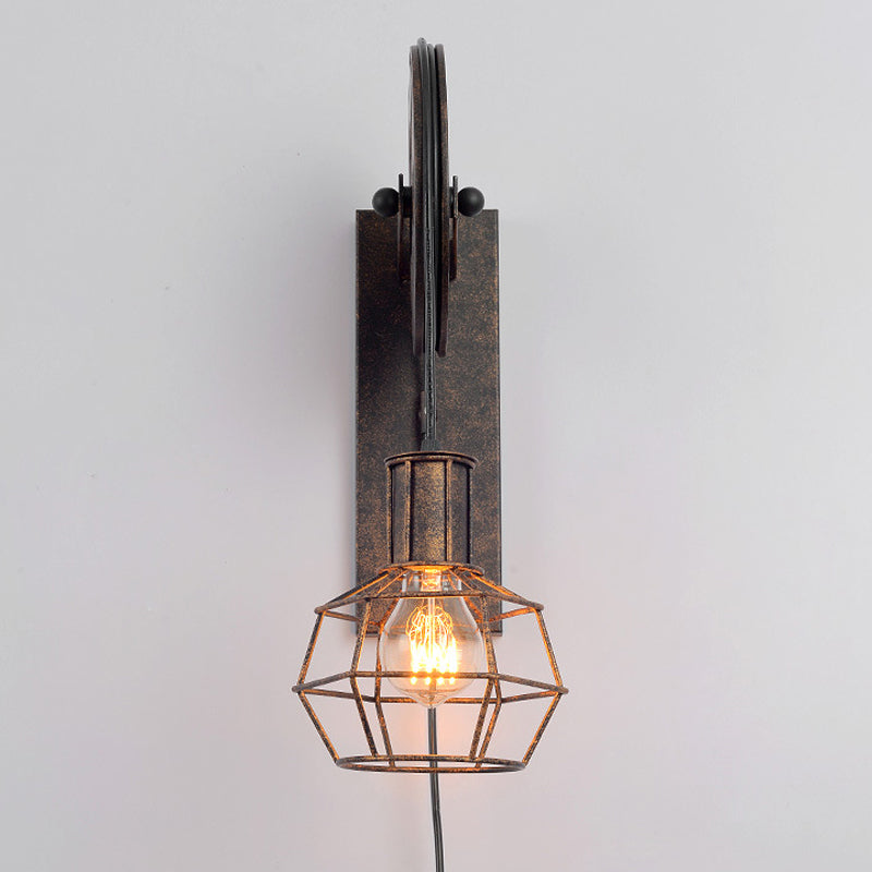 Antique Black Single Pulley Wall Light Industrial Iron Wire Cage Wall Mounted Lighting for Restaurant Clearhalo 'Art deco wall lights' 'Cast Iron' 'Glass' 'Industrial wall lights' 'Industrial' 'Middle century wall lights' 'Modern' 'Rustic wall lights' 'Tiffany' 'Traditional wall lights' 'Wall Lamps & Sconces' 'Wall Lights' Lighting' 1971184