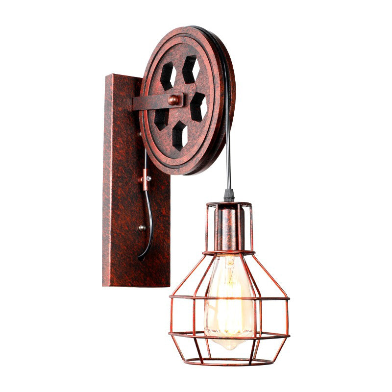 Farmhouse Ball Cage Wall Light 1-Light Iron Pulley Wall Mounted Light Fixture in Rust Red Clearhalo 'Art deco wall lights' 'Cast Iron' 'Glass' 'Industrial wall lights' 'Industrial' 'Middle century wall lights' 'Modern' 'Rustic wall lights' 'Tiffany' 'Traditional wall lights' 'Wall Lamps & Sconces' 'Wall Lights' Lighting' 1971187