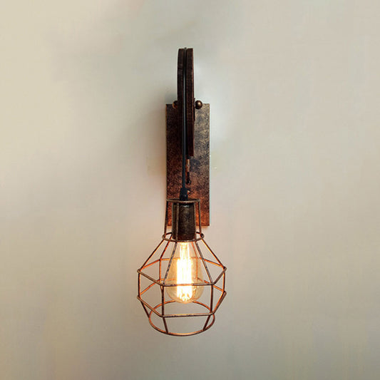 Farmhouse Ball Cage Wall Light 1-Light Iron Pulley Wall Mounted Light Fixture in Rust Red Clearhalo 'Art deco wall lights' 'Cast Iron' 'Glass' 'Industrial wall lights' 'Industrial' 'Middle century wall lights' 'Modern' 'Rustic wall lights' 'Tiffany' 'Traditional wall lights' 'Wall Lamps & Sconces' 'Wall Lights' Lighting' 1971188