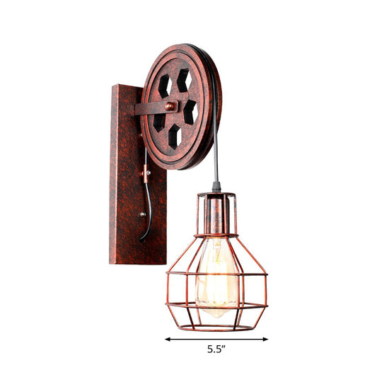 Farmhouse Ball Cage Wall Light 1-Light Iron Pulley Wall Mounted Light Fixture in Rust Red Clearhalo 'Art deco wall lights' 'Cast Iron' 'Glass' 'Industrial wall lights' 'Industrial' 'Middle century wall lights' 'Modern' 'Rustic wall lights' 'Tiffany' 'Traditional wall lights' 'Wall Lamps & Sconces' 'Wall Lights' Lighting' 1971189