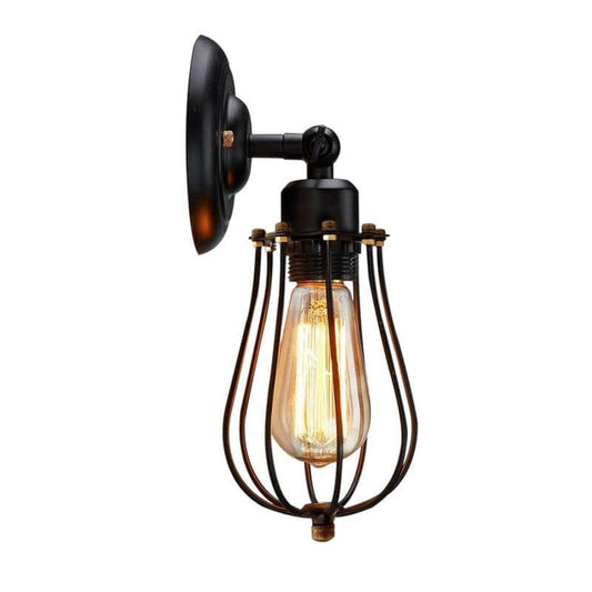 1 Bulb Adjustable Wall Lighting Ideas Loft Style Bedroom Wall Lamp with Pear Iron Cage in Black Clearhalo 'Art deco wall lights' 'Cast Iron' 'Glass' 'Industrial wall lights' 'Industrial' 'Middle century wall lights' 'Modern' 'Rustic wall lights' 'Tiffany' 'Traditional wall lights' 'Wall Lamps & Sconces' 'Wall Lights' Lighting' 1971198-sw