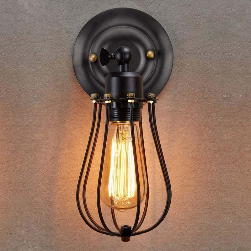 1 Bulb Adjustable Wall Lighting Ideas Loft Style Bedroom Wall Lamp with Pear Iron Cage in Black Clearhalo 'Art deco wall lights' 'Cast Iron' 'Glass' 'Industrial wall lights' 'Industrial' 'Middle century wall lights' 'Modern' 'Rustic wall lights' 'Tiffany' 'Traditional wall lights' 'Wall Lamps & Sconces' 'Wall Lights' Lighting' 1971199