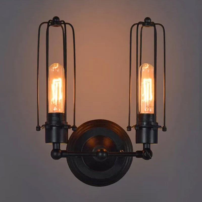 1/2-Head Rotatable Wall Lighting Industrial Bedroom Wall Mount Lamp with Tube Metal Cage in Black 2.0 Black Clearhalo 'Art deco wall lights' 'Cast Iron' 'Glass' 'Industrial wall lights' 'Industrial' 'Middle century wall lights' 'Modern' 'Rustic wall lights' 'Tiffany' 'Traditional wall lights' 'Wall Lamps & Sconces' 'Wall Lights' Lighting' 1971207