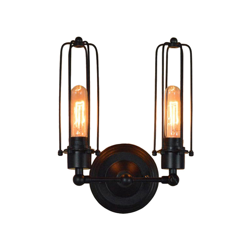 1/2-Head Rotatable Wall Lighting Industrial Bedroom Wall Mount Lamp with Tube Metal Cage in Black Clearhalo 'Art deco wall lights' 'Cast Iron' 'Glass' 'Industrial wall lights' 'Industrial' 'Middle century wall lights' 'Modern' 'Rustic wall lights' 'Tiffany' 'Traditional wall lights' 'Wall Lamps & Sconces' 'Wall Lights' Lighting' 1971208