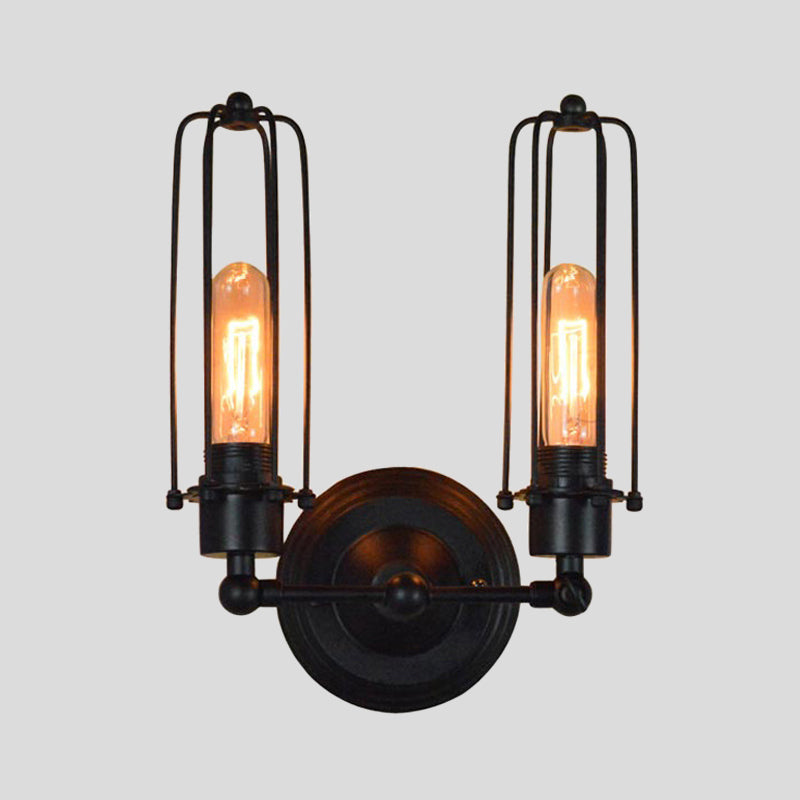 1/2-Head Rotatable Wall Lighting Industrial Bedroom Wall Mount Lamp with Tube Metal Cage in Black Clearhalo 'Art deco wall lights' 'Cast Iron' 'Glass' 'Industrial wall lights' 'Industrial' 'Middle century wall lights' 'Modern' 'Rustic wall lights' 'Tiffany' 'Traditional wall lights' 'Wall Lamps & Sconces' 'Wall Lights' Lighting' 1971209
