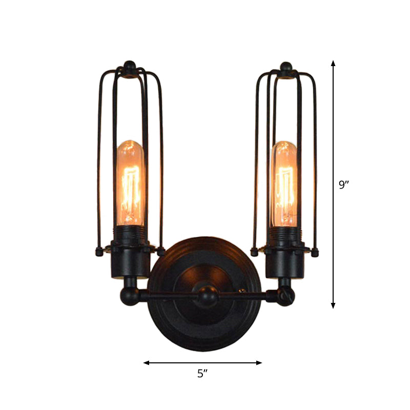 1/2-Head Rotatable Wall Lighting Industrial Bedroom Wall Mount Lamp with Tube Metal Cage in Black Clearhalo 'Art deco wall lights' 'Cast Iron' 'Glass' 'Industrial wall lights' 'Industrial' 'Middle century wall lights' 'Modern' 'Rustic wall lights' 'Tiffany' 'Traditional wall lights' 'Wall Lamps & Sconces' 'Wall Lights' Lighting' 1971210