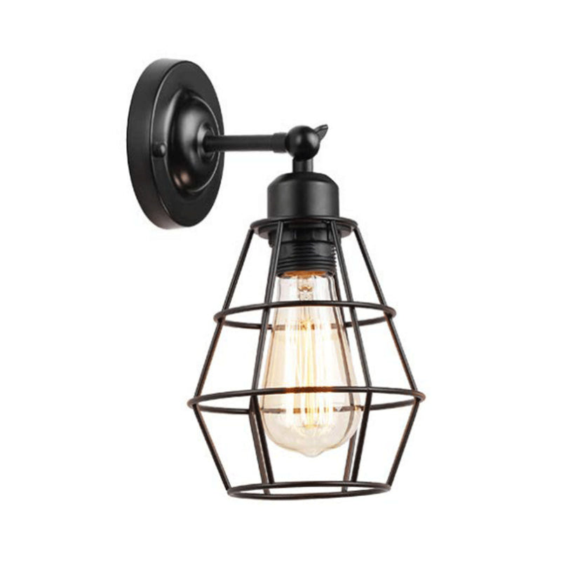 Iron Wire Cage Rotating Wall Lamp Rustic 1 Light Bedroom Reading Wall Light in Black with/without Switch Clearhalo 'Art deco wall lights' 'Cast Iron' 'Glass' 'Industrial wall lights' 'Industrial' 'Middle century wall lights' 'Modern' 'Rustic wall lights' 'Tiffany' 'Traditional wall lights' 'Wall Lamps & Sconces' 'Wall Lights' Lighting' 1971219