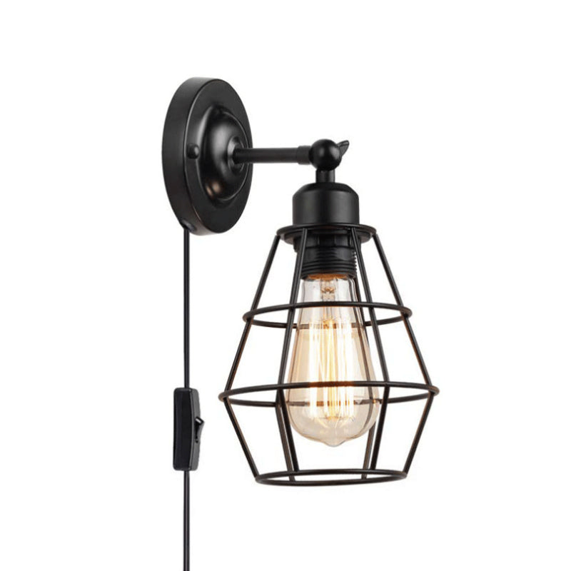 Iron Wire Cage Rotating Wall Lamp Rustic 1 Light Bedroom Reading Wall Light in Black with/without Switch Clearhalo 'Art deco wall lights' 'Cast Iron' 'Glass' 'Industrial wall lights' 'Industrial' 'Middle century wall lights' 'Modern' 'Rustic wall lights' 'Tiffany' 'Traditional wall lights' 'Wall Lamps & Sconces' 'Wall Lights' Lighting' 1971223