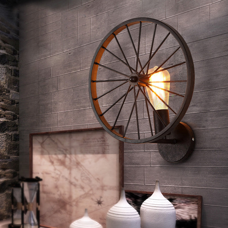 Wheel Dining Room Wall Light Fixture Farmhouse Iron 1 Head Black Wall Mounted Lamp Clearhalo 'Art deco wall lights' 'Cast Iron' 'Glass' 'Industrial wall lights' 'Industrial' 'Middle century wall lights' 'Modern' 'Rustic wall lights' 'Tiffany' 'Traditional wall lights' 'Wall Lamps & Sconces' 'Wall Lights' Lighting' 1971226