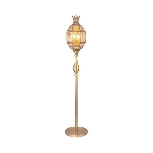 Brass 1 Head Standing Floor Lamp Vintage Seeded Glass Lantern Hollowed out Floor Light Clearhalo 'Floor Lamps' 'Lamps' Lighting' 1971247