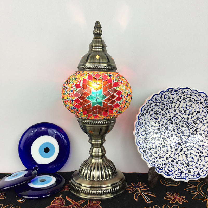 Single Night Stand Light Turkish Bedroom Table Lamp with Spherical Yellow/Red/Blue Glass Shade in Bronze Watermelon Red Clearhalo 'Lamps' 'Table Lamps' Lighting' 1971279