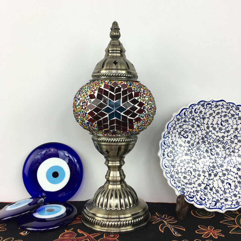 Single Night Stand Light Turkish Bedroom Table Lamp with Spherical Yellow/Red/Blue Glass Shade in Bronze Clearhalo 'Lamps' 'Table Lamps' Lighting' 1971280