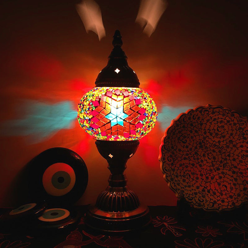 Single Night Stand Light Turkish Bedroom Table Lamp with Spherical Yellow/Red/Blue Glass Shade in Bronze Clearhalo 'Lamps' 'Table Lamps' Lighting' 1971281
