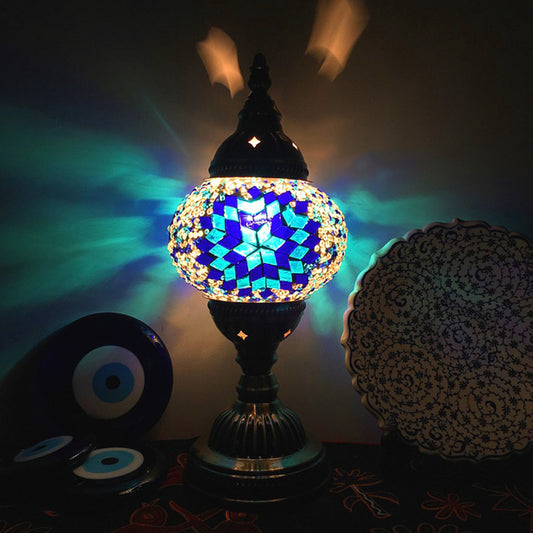 Single Night Stand Light Turkish Bedroom Table Lamp with Spherical Yellow/Red/Blue Glass Shade in Bronze Lake Blue Clearhalo 'Lamps' 'Table Lamps' Lighting' 1971289