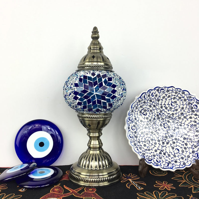 Single Night Stand Light Turkish Bedroom Table Lamp with Spherical Yellow/Red/Blue Glass Shade in Bronze Clearhalo 'Lamps' 'Table Lamps' Lighting' 1971290