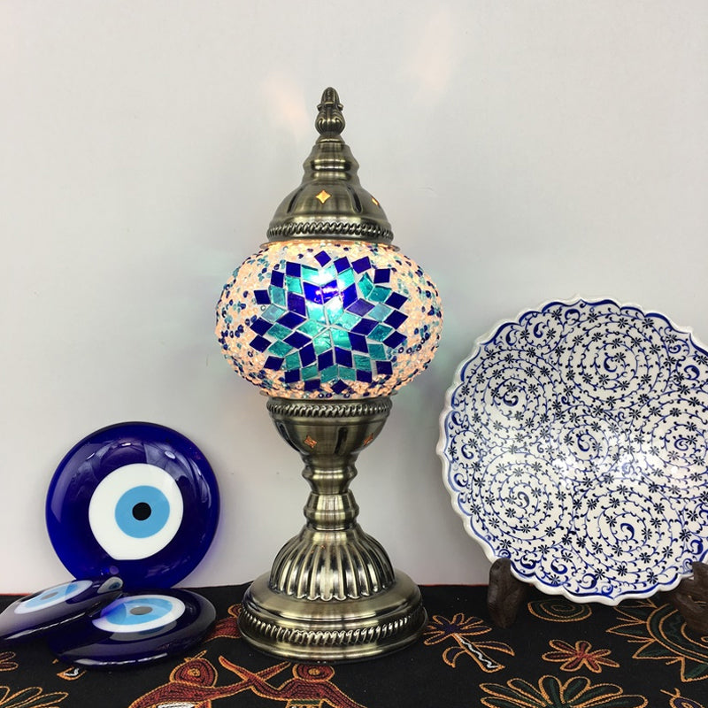 Single Night Stand Light Turkish Bedroom Table Lamp with Spherical Yellow/Red/Blue Glass Shade in Bronze Clearhalo 'Lamps' 'Table Lamps' Lighting' 1971291