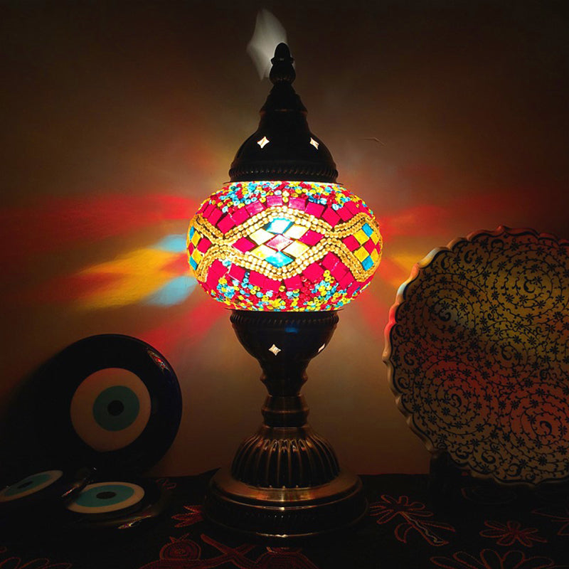 Single Night Stand Light Turkish Bedroom Table Lamp with Spherical Yellow/Red/Blue Glass Shade in Bronze Red Clearhalo 'Lamps' 'Table Lamps' Lighting' 1971293