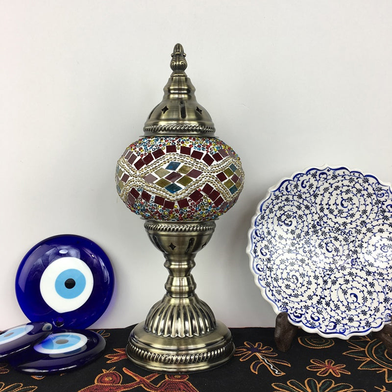 Single Night Stand Light Turkish Bedroom Table Lamp with Spherical Yellow/Red/Blue Glass Shade in Bronze Clearhalo 'Lamps' 'Table Lamps' Lighting' 1971294