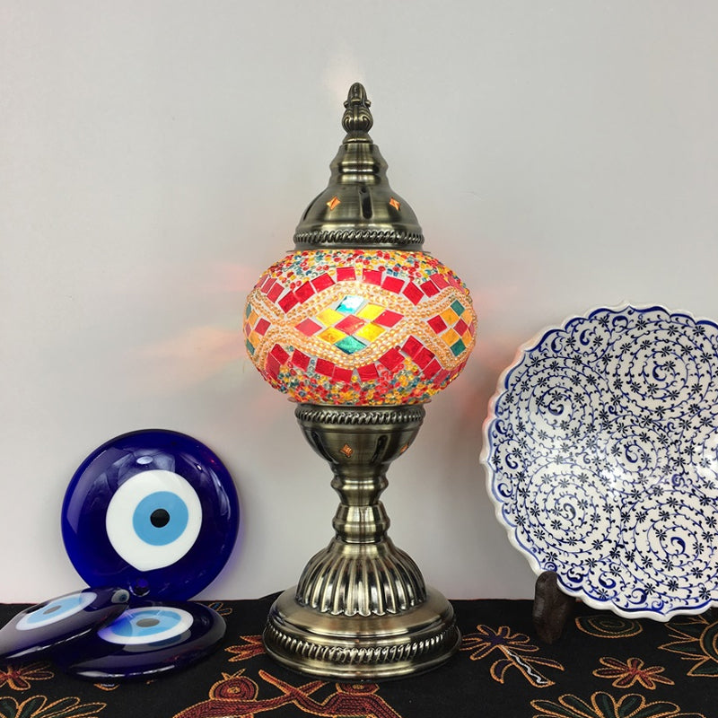 Single Night Stand Light Turkish Bedroom Table Lamp with Spherical Yellow/Red/Blue Glass Shade in Bronze Clearhalo 'Lamps' 'Table Lamps' Lighting' 1971295