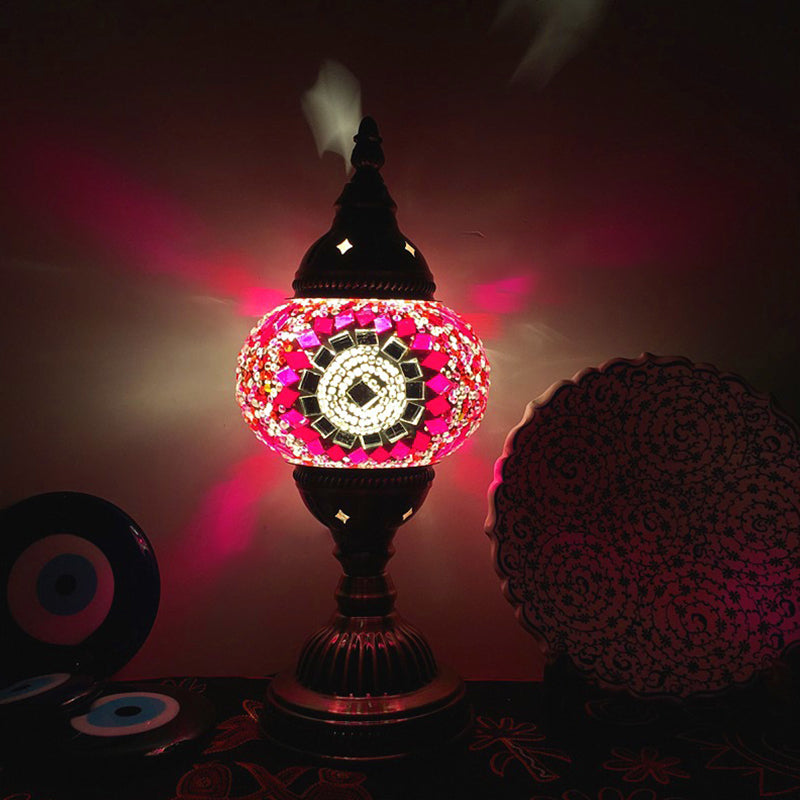 Single Night Stand Light Turkish Bedroom Table Lamp with Spherical Yellow/Red/Blue Glass Shade in Bronze Rose Red Clearhalo 'Lamps' 'Table Lamps' Lighting' 1971297