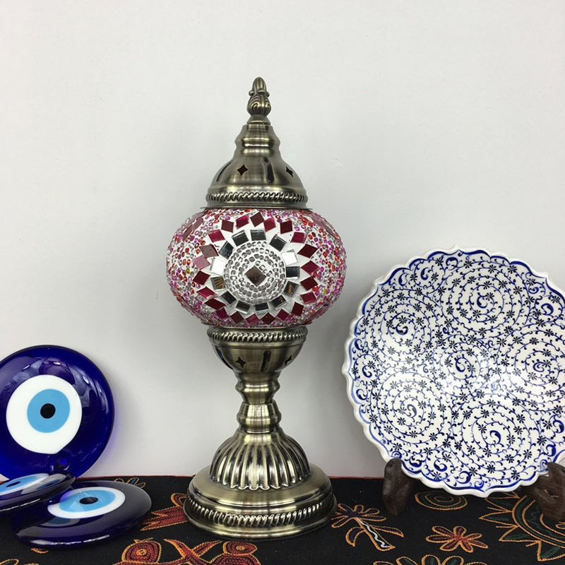 Single Night Stand Light Turkish Bedroom Table Lamp with Spherical Yellow/Red/Blue Glass Shade in Bronze Clearhalo 'Lamps' 'Table Lamps' Lighting' 1971298