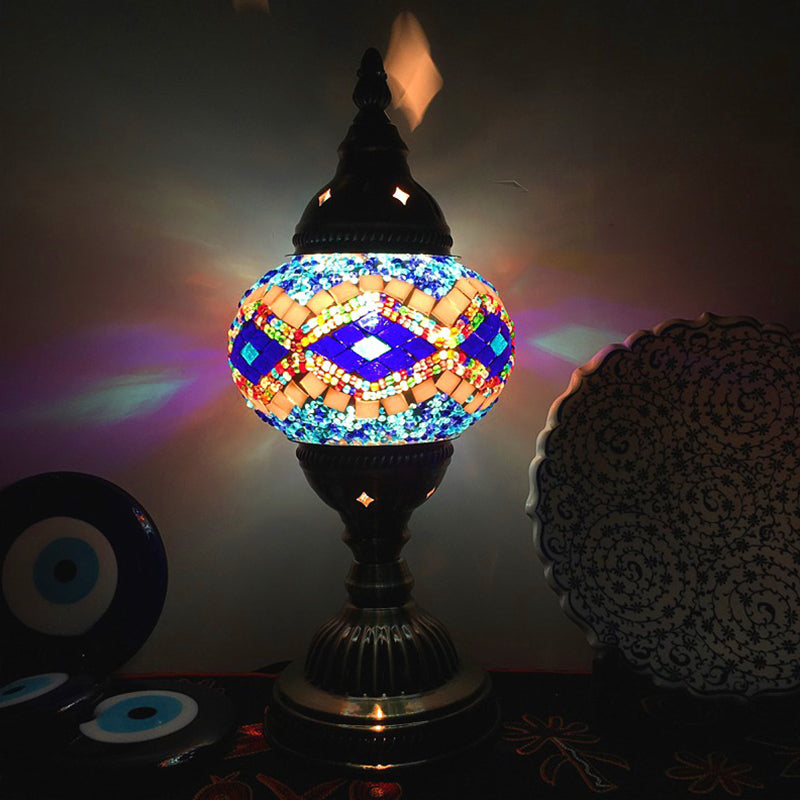 Single Night Stand Light Turkish Bedroom Table Lamp with Spherical Yellow/Red/Blue Glass Shade in Bronze Blue Clearhalo 'Lamps' 'Table Lamps' Lighting' 1971301
