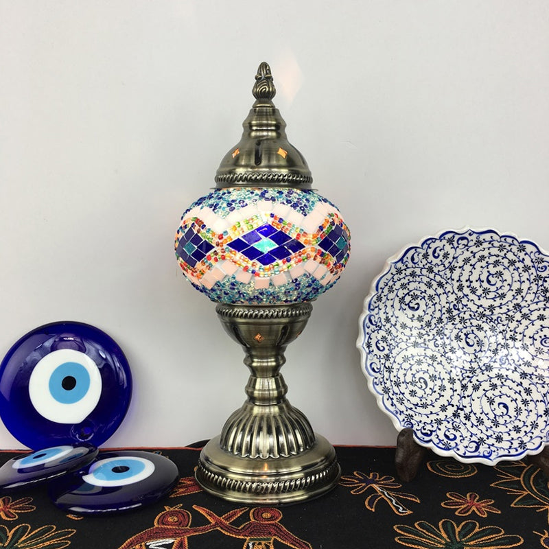 Single Night Stand Light Turkish Bedroom Table Lamp with Spherical Yellow/Red/Blue Glass Shade in Bronze Clearhalo 'Lamps' 'Table Lamps' Lighting' 1971303