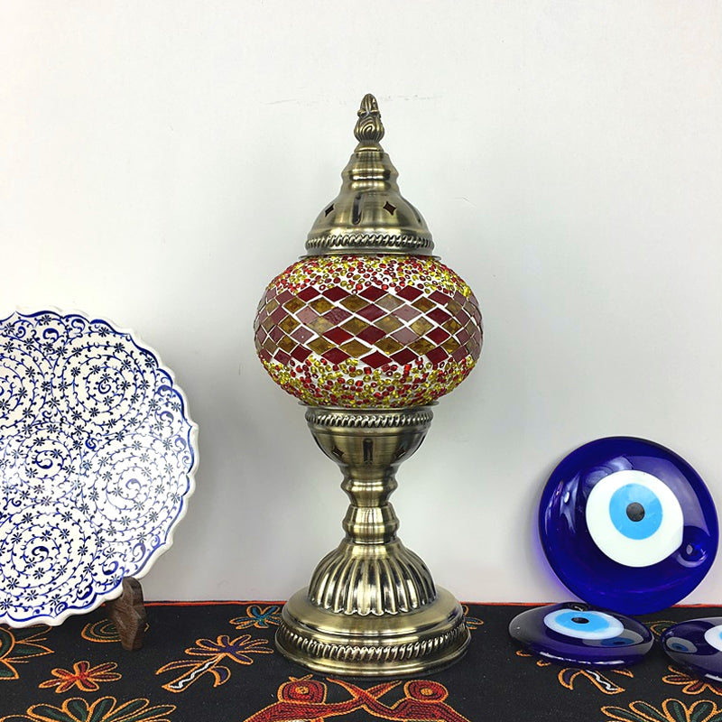 Single Night Stand Light Turkish Bedroom Table Lamp with Spherical Yellow/Red/Blue Glass Shade in Bronze Clearhalo 'Lamps' 'Table Lamps' Lighting' 1971306