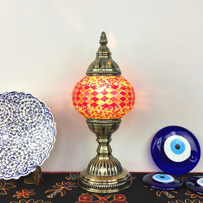 Single Night Stand Light Turkish Bedroom Table Lamp with Spherical Yellow/Red/Blue Glass Shade in Bronze Clearhalo 'Lamps' 'Table Lamps' Lighting' 1971307