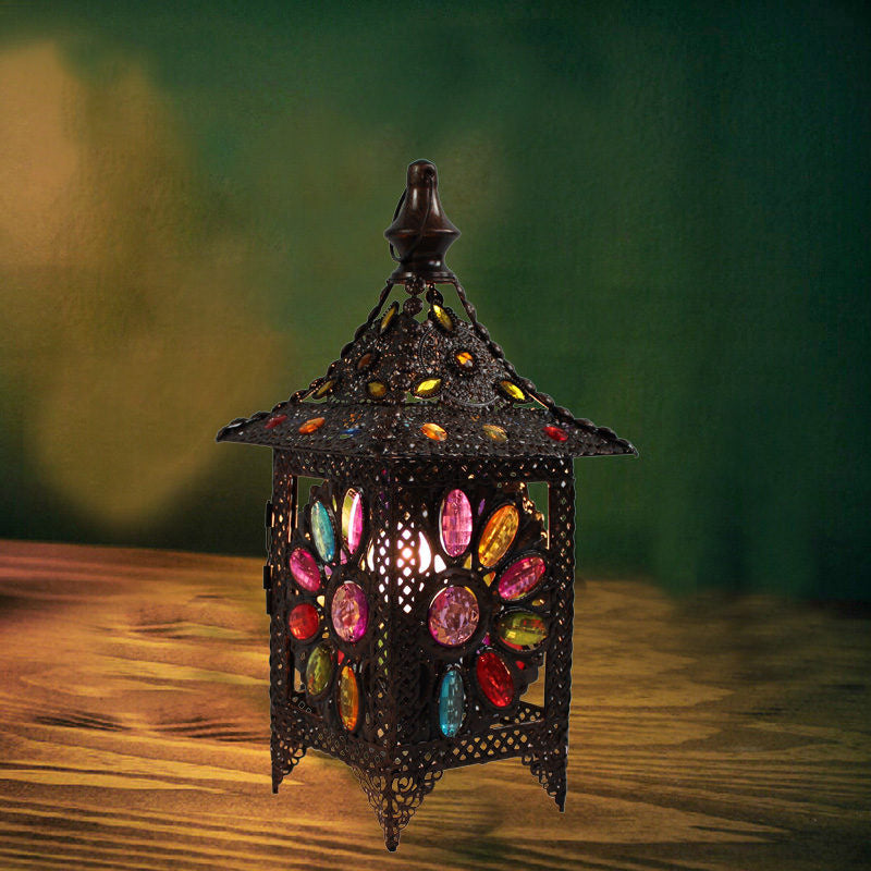 Stained Glass Weathered Copper Night Lamp Pavilion 1 Head Bohemian Style Table Light Copper A Clearhalo 'Lamps' 'Table Lamps' Lighting' 1971316