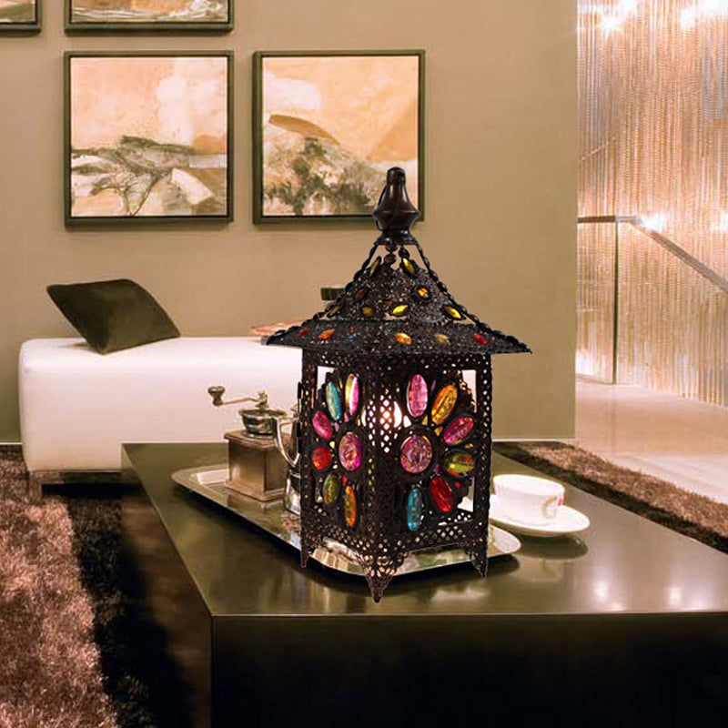Stained Glass Weathered Copper Night Lamp Pavilion 1 Head Bohemian Style Table Light Clearhalo 'Lamps' 'Table Lamps' Lighting' 1971317