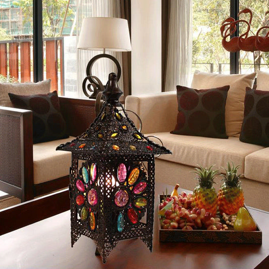 Stained Glass Weathered Copper Night Lamp Pavilion 1 Head Bohemian Style Table Light Clearhalo 'Lamps' 'Table Lamps' Lighting' 1971318