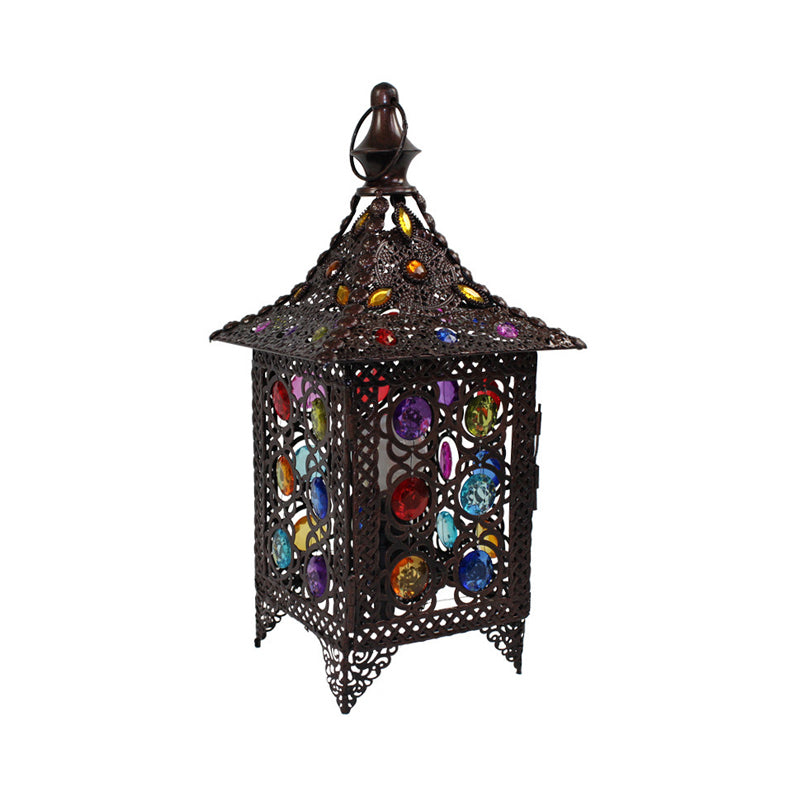 Stained Glass Weathered Copper Night Lamp Pavilion 1 Head Bohemian Style Table Light Clearhalo 'Lamps' 'Table Lamps' Lighting' 1971322