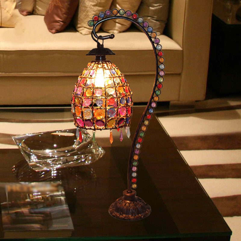 Beaded Bell Living Room Table Lamp Bohemian Style Stained Glass Single Copper Gooseneck Night Light Clearhalo 'Lamps' 'Table Lamps' Lighting' 1971345
