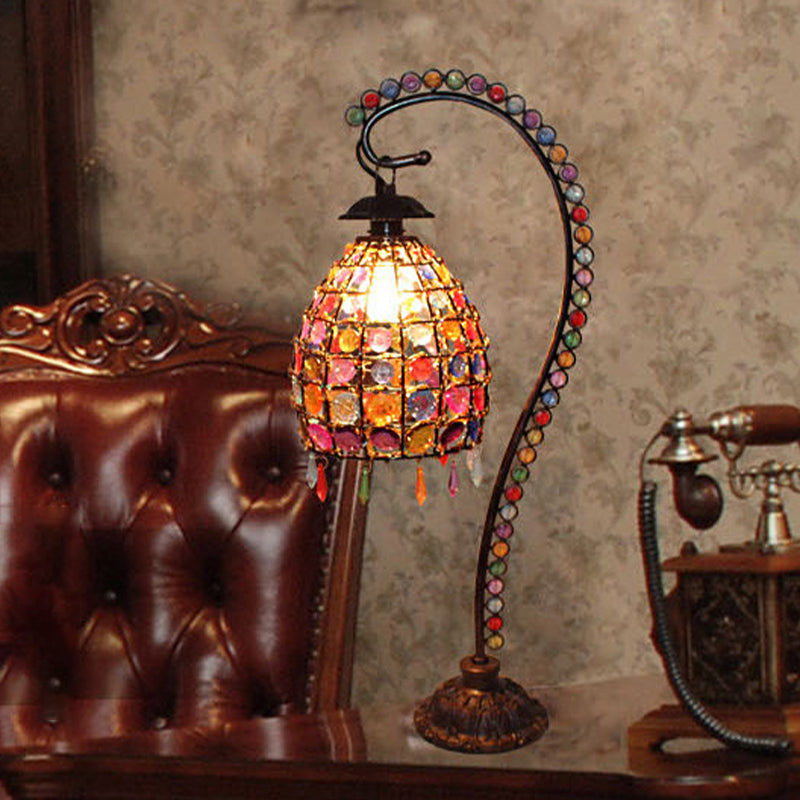 Beaded Bell Living Room Table Lamp Bohemian Style Stained Glass Single Copper Gooseneck Night Light Clearhalo 'Lamps' 'Table Lamps' Lighting' 1971346