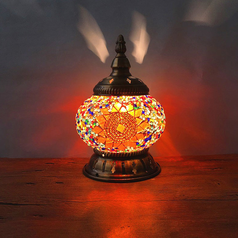 Stained Art Glass Pumpkin Night Lamp Moroccan 1 Bulb Bedroom Table Lighting in Blue/Orange/White Orange Clearhalo 'Lamps' 'Table Lamps' Lighting' 1971352