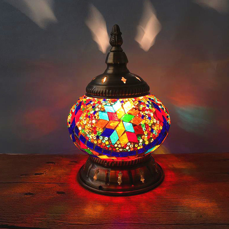 Stained Art Glass Pumpkin Night Lamp Moroccan 1 Bulb Bedroom Table Lighting in Blue/Orange/White Blue Clearhalo 'Lamps' 'Table Lamps' Lighting' 1971356