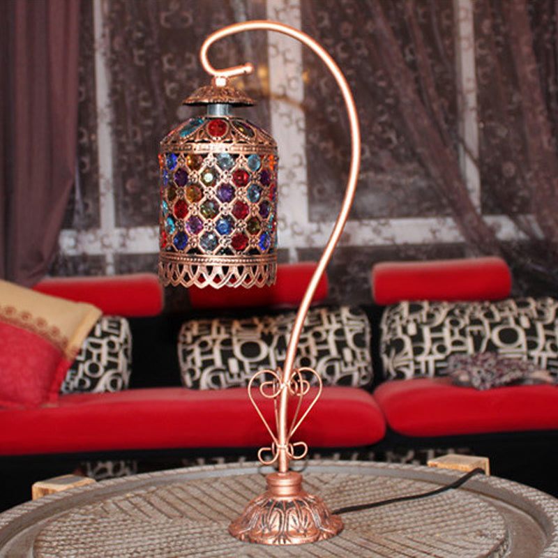 1-Light Gooseneck Nightstand Lamp Bohemia Copper Stained Glass Beaded Table Light with Gooseneck Arm Copper Clearhalo 'Lamps' 'Table Lamps' Lighting' 1971358