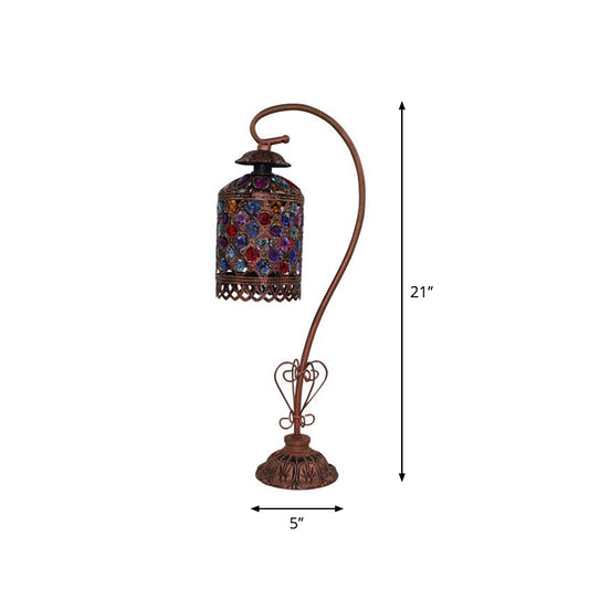 1-Light Gooseneck Nightstand Lamp Bohemia Copper Stained Glass Beaded Table Light with Gooseneck Arm Clearhalo 'Lamps' 'Table Lamps' Lighting' 1971362