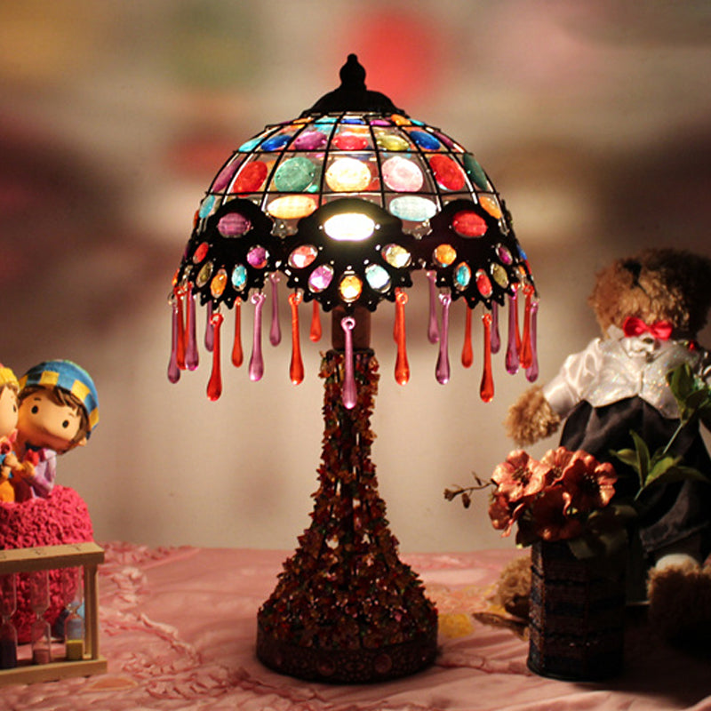 Hand-Woven Scalloped Bedside Table Lamp Bohemian Acrylic 1-Light Copper Night Stand Light with Teardrop Fringe Clearhalo 'Lamps' 'Table Lamps' Lighting' 1971382