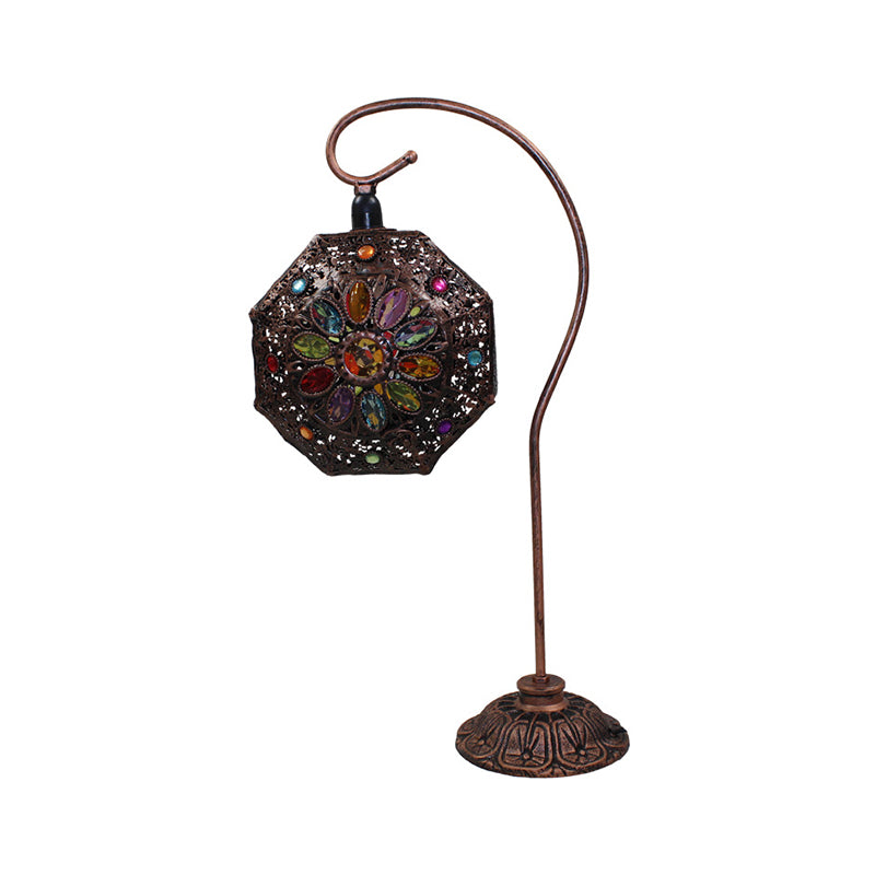 Stained Glass Bronze Night Lamp Octagon Single-Bulb Bohemia Table Light with Gooseneck Arm Clearhalo 'Lamps' 'Table Lamps' Lighting' 1971391