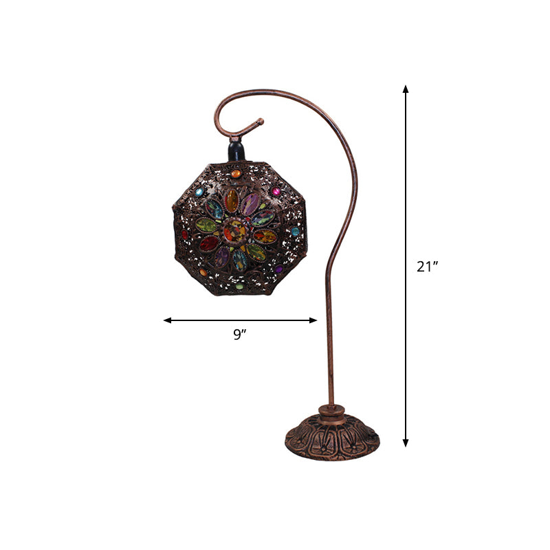 Stained Glass Bronze Night Lamp Octagon Single-Bulb Bohemia Table Light with Gooseneck Arm Clearhalo 'Lamps' 'Table Lamps' Lighting' 1971392