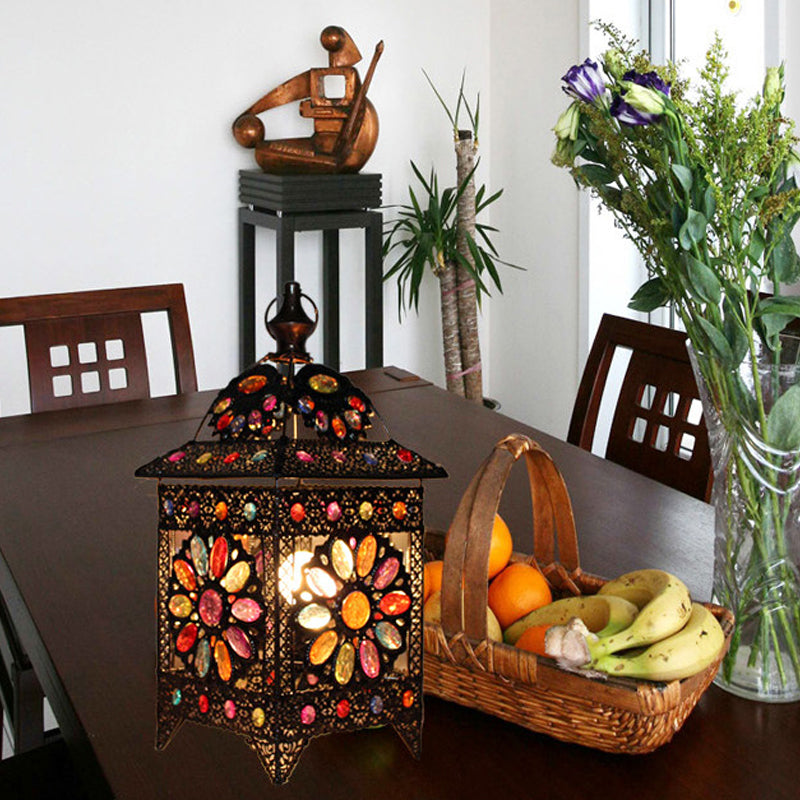 1-Light Stained Art Glass Table Light Bohemian Antiqued Black House Shaped Living Room Night Lamp Black Clearhalo 'Lamps' 'Table Lamps' Lighting' 1971393