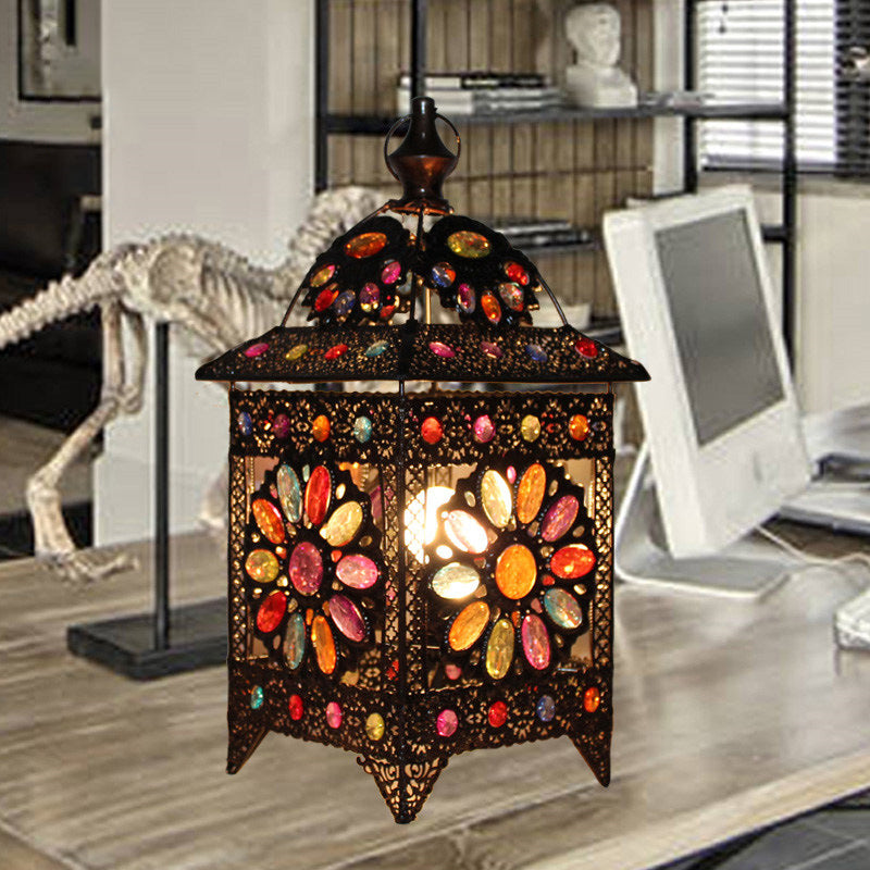1-Light Stained Art Glass Table Light Bohemian Antiqued Black House Shaped Living Room Night Lamp Clearhalo 'Lamps' 'Table Lamps' Lighting' 1971394
