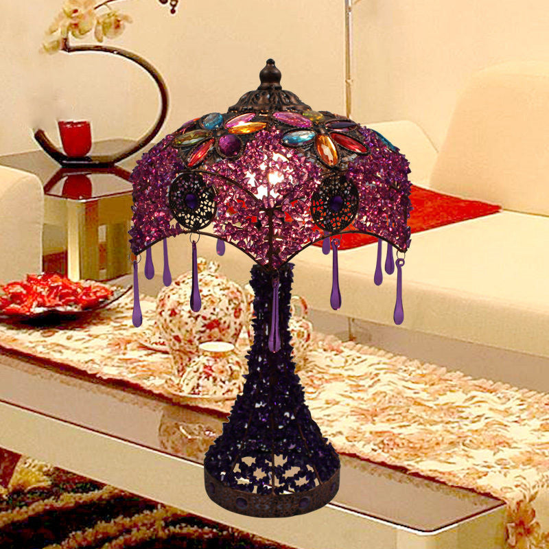 1-Light Nightstand Lamp Bohemian Stained Glass Bowl Hollowed-out Table Light with Flared Base in Purple/Red Clearhalo 'Lamps' 'Table Lamps' Lighting' 1971399
