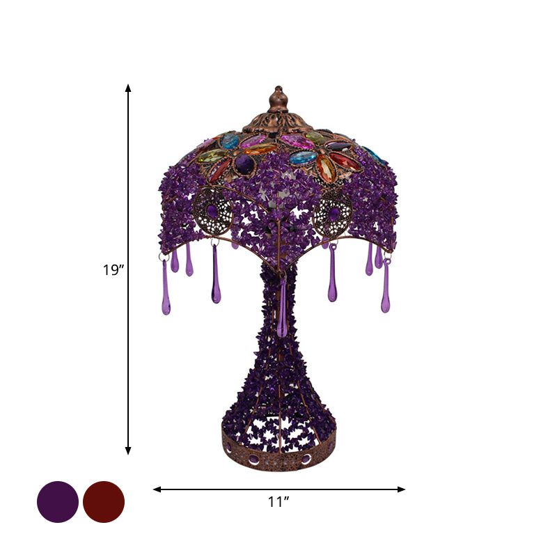 1-Light Nightstand Lamp Bohemian Stained Glass Bowl Hollowed-out Table Light with Flared Base in Purple/Red Clearhalo 'Lamps' 'Table Lamps' Lighting' 1971403